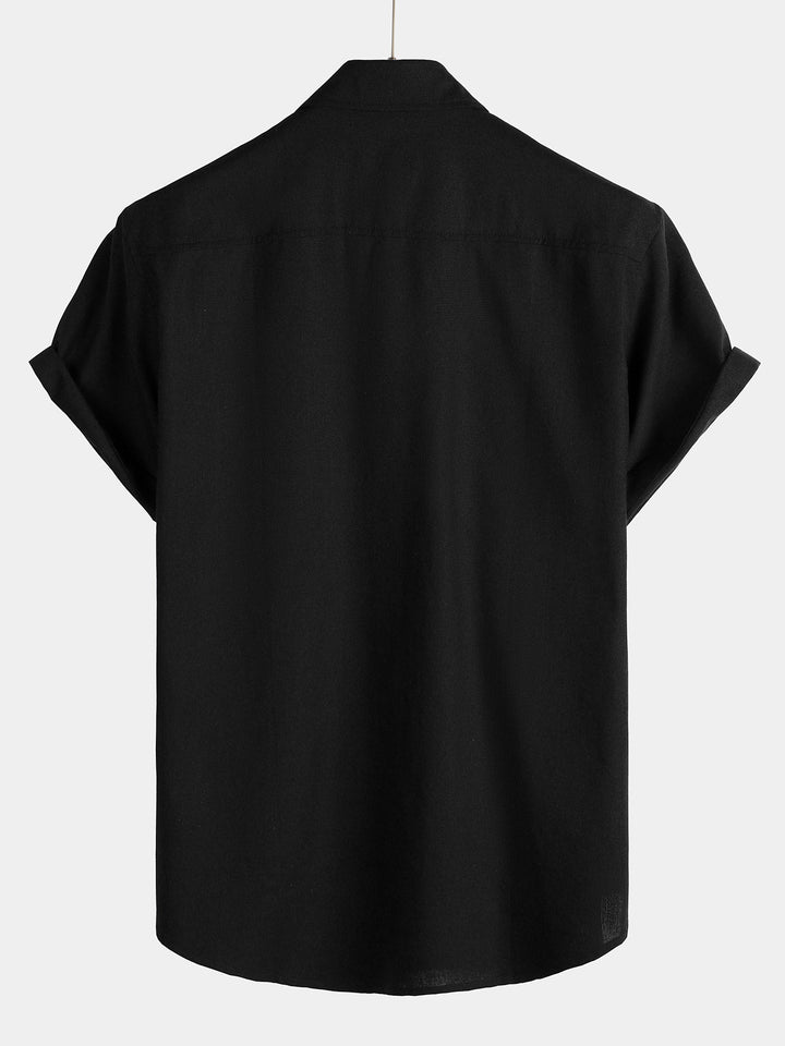 Chemise à manches courtes en coton et lin avec poches poitrine pour hommes