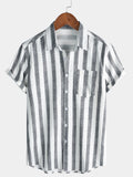 Chemise Homme en Coton à Rayures Légère et Respirante Décontractée d’Été Manches Courtes