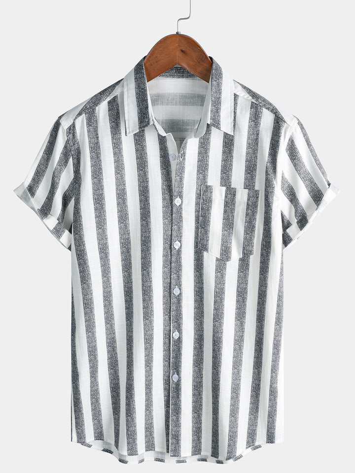 Chemise Homme en Coton à Rayures Légère et Respirante Décontractée d’Été Manches Courtes