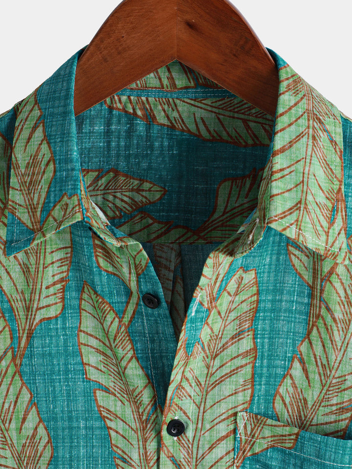 Chemise hawaïenne à manches courtes pour homme, motif feuilles tropicales vertes, été