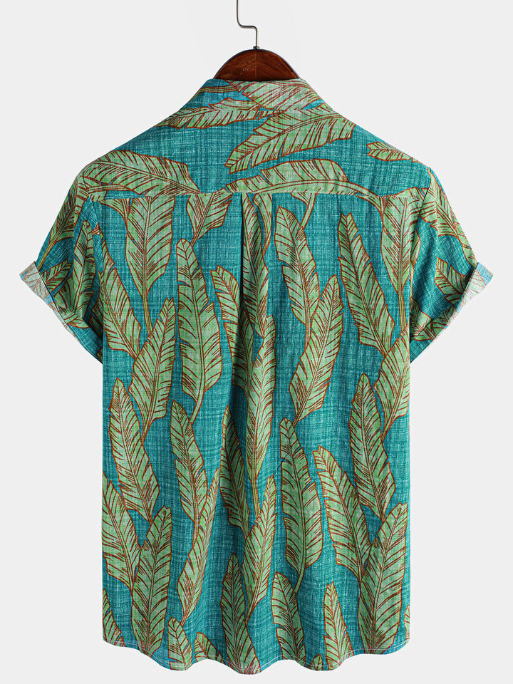 Chemise hawaïenne à manches courtes pour homme, motif feuilles tropicales vertes, été