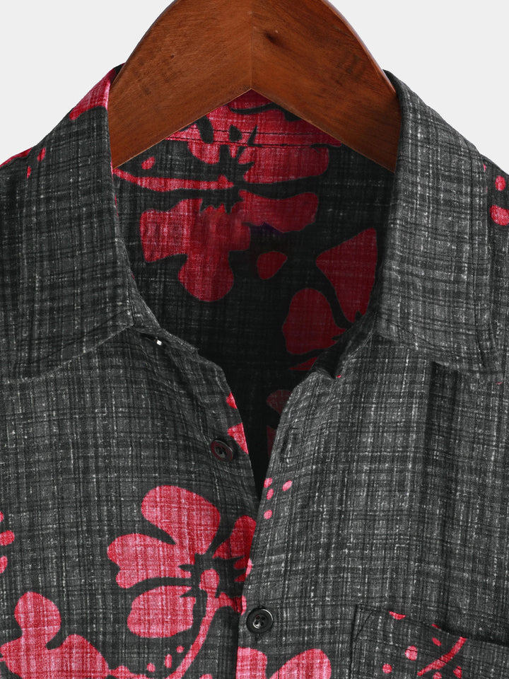 Chemise hawaïenne à manches courtes pour homme, motif floral rouge, été