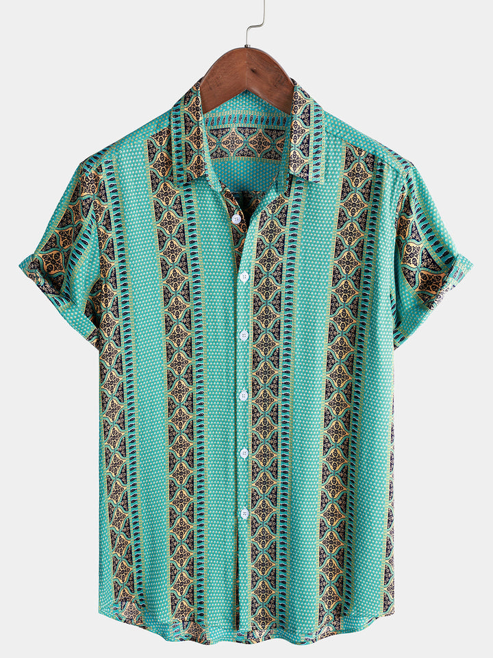 Chemise Homme Rétro à Rayures Florales Boutonnée Légère d’Été Manches Courtes