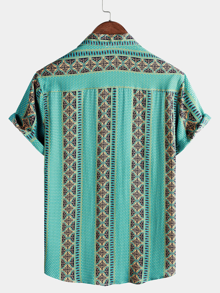 Chemise Homme Rétro à Rayures Florales Boutonnée Légère d’Été Manches Courtes