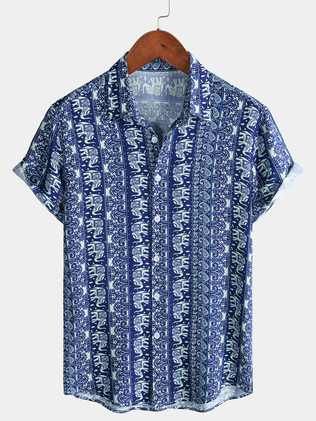 Chemise Homme à Imprimé Éléphant Style Rétro Légère Décontractée d’Été Manches Courtes