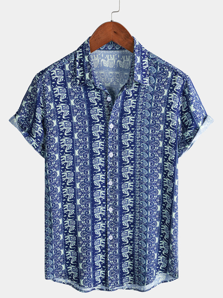 Chemise Homme à Imprimé Éléphant Style Rétro Légère Décontractée d’Été Manches Courtes