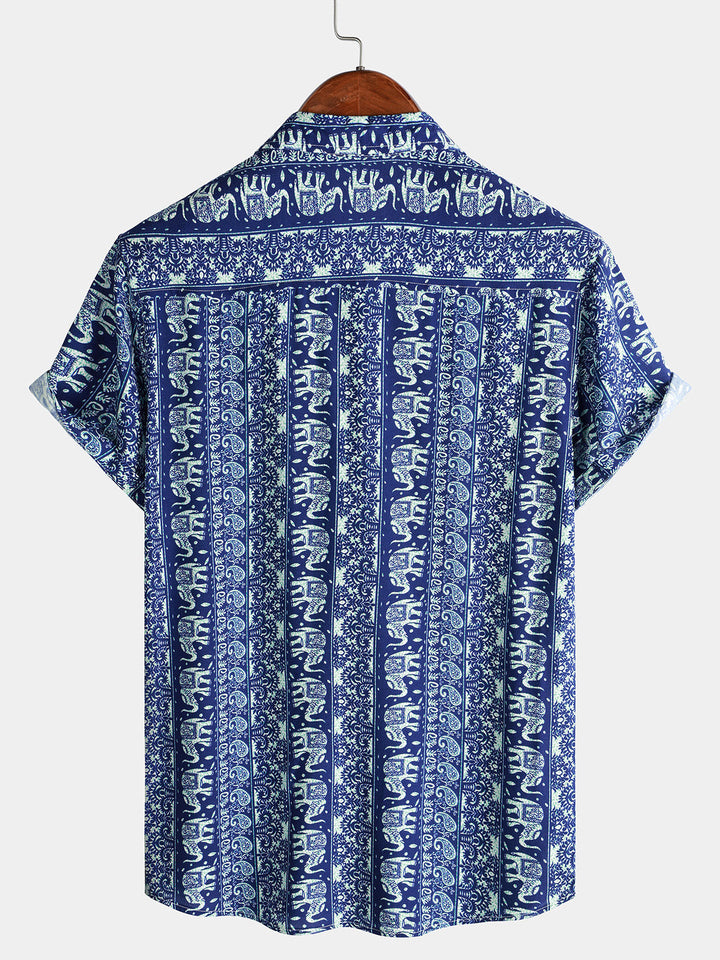 Chemise Homme à Imprimé Éléphant Style Rétro Légère Décontractée d’Été Manches Courtes