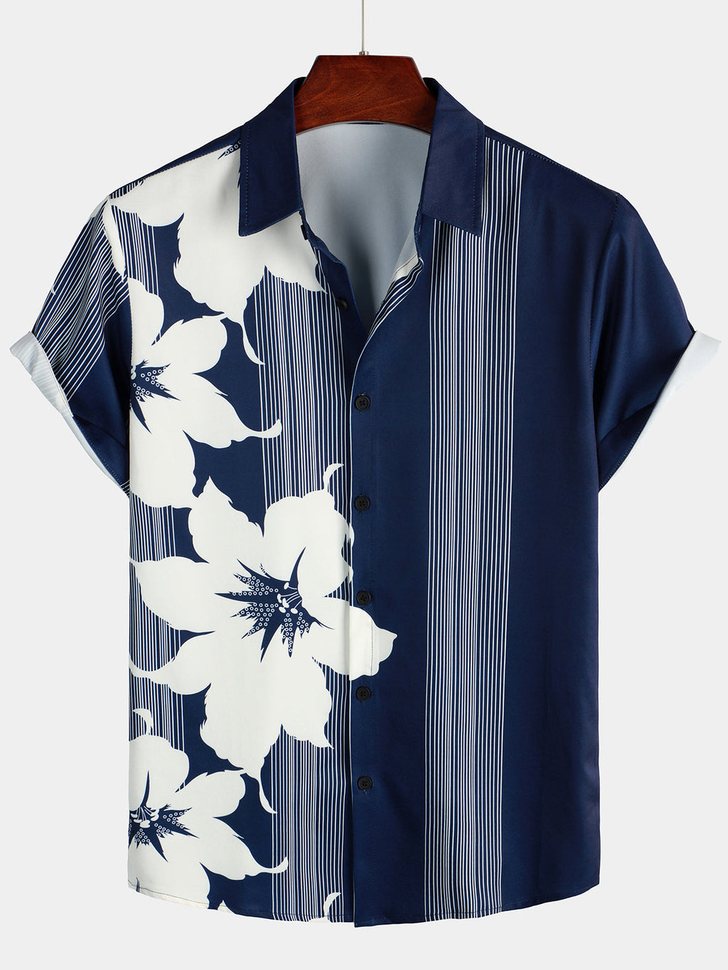 Chemise Aloha Vintage à Manches Courtes Bleu Marine avec Imprimé de Fleurs et Rayures Verticales pour Homme
