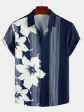 Chemise Aloha Vintage à Manches Courtes Bleu Marine avec Imprimé de Fleurs et Rayures Verticales pour Homme