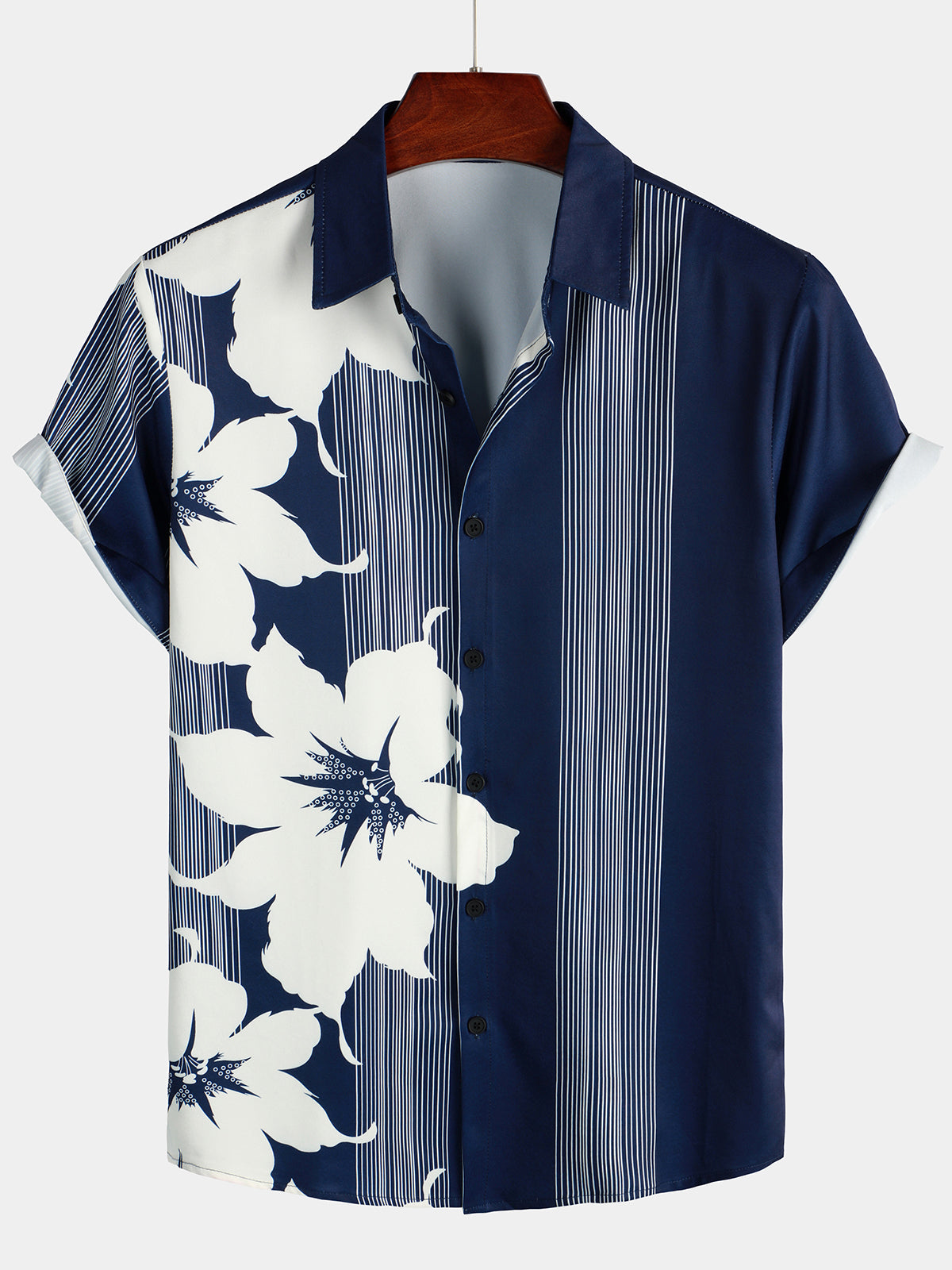 Chemise Aloha Vintage à Manches Courtes Bleu Marine avec Imprimé de Fleurs et Rayures Verticales pour Homme