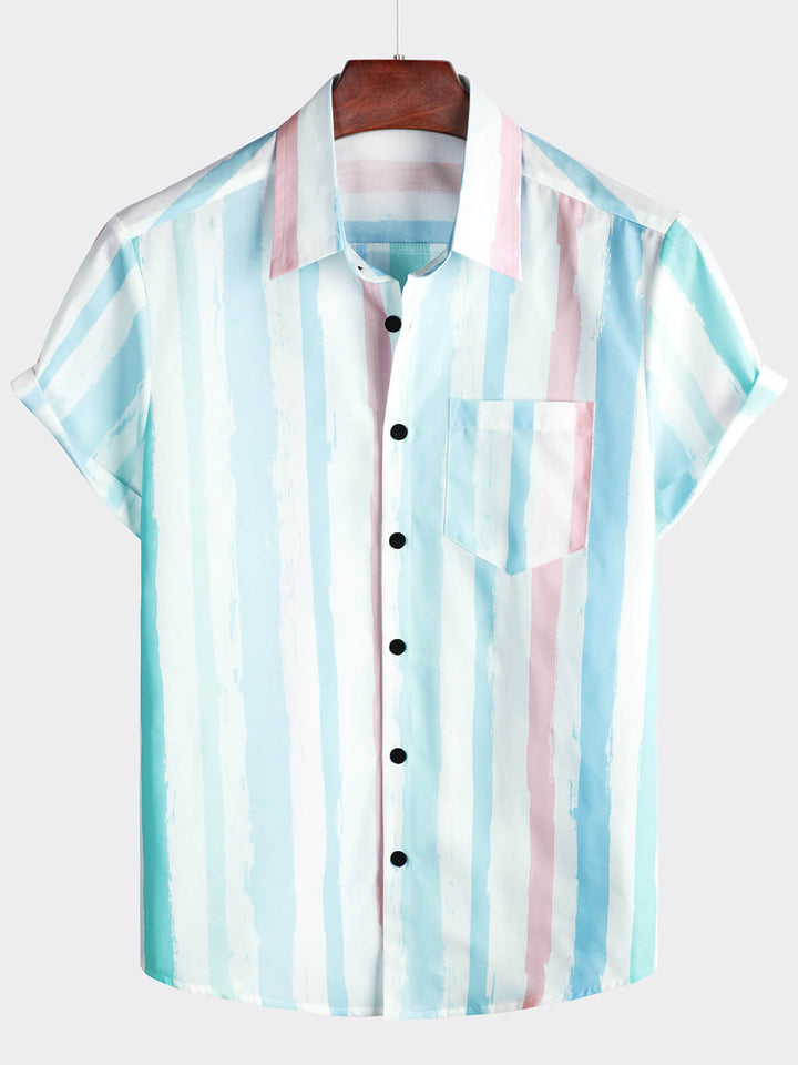 Chemise À Manches Courtes Homme À Rayures Bleues Et Roses Summer Vacation