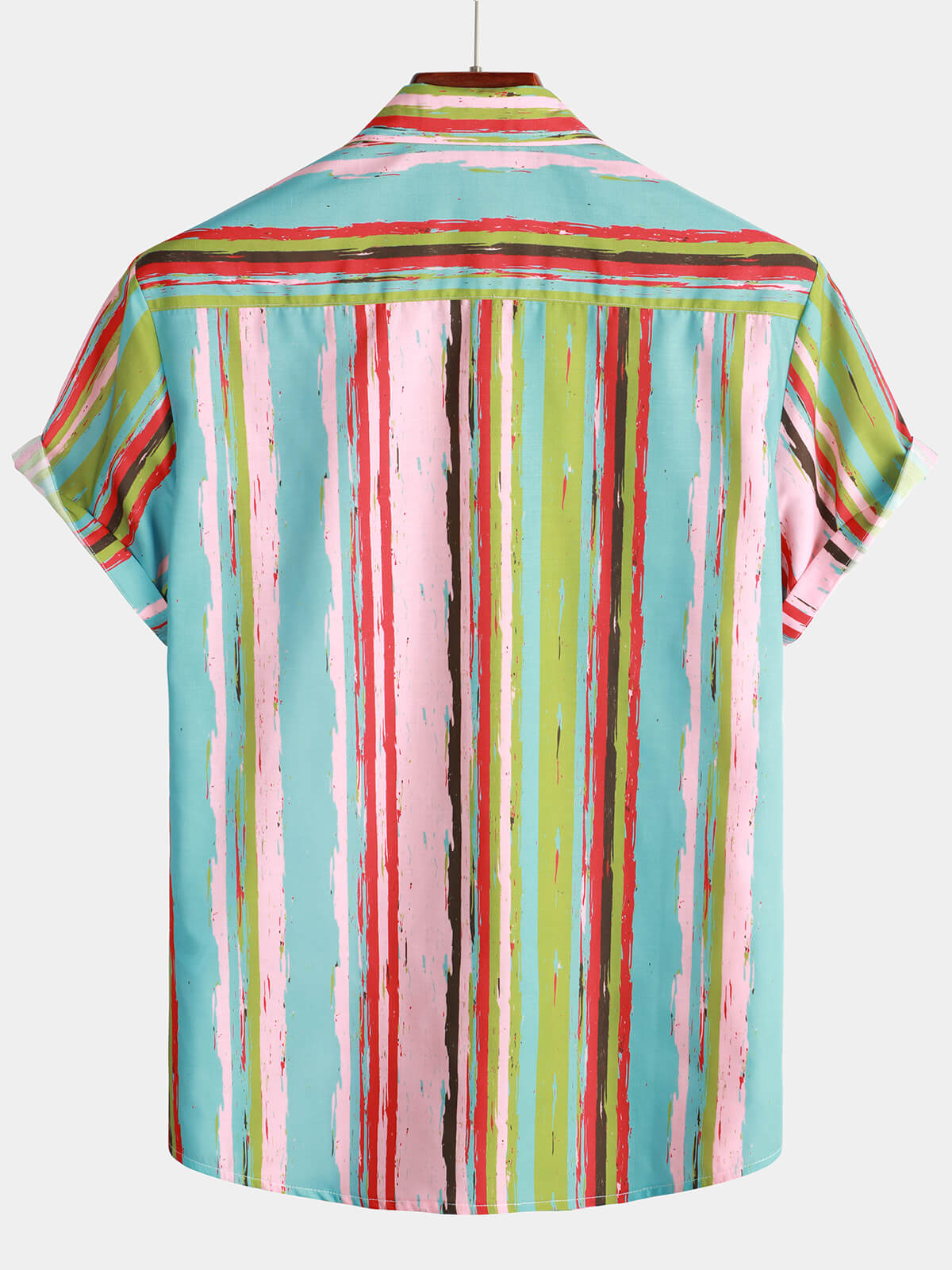 Chemise à manches courtes d'été décontractée à rayures vertes et roses rétro pour hommes
