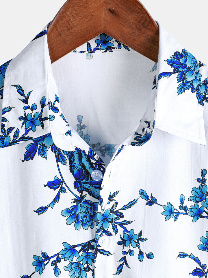 Chemise en coton à manches courtes avec motif floral bleu