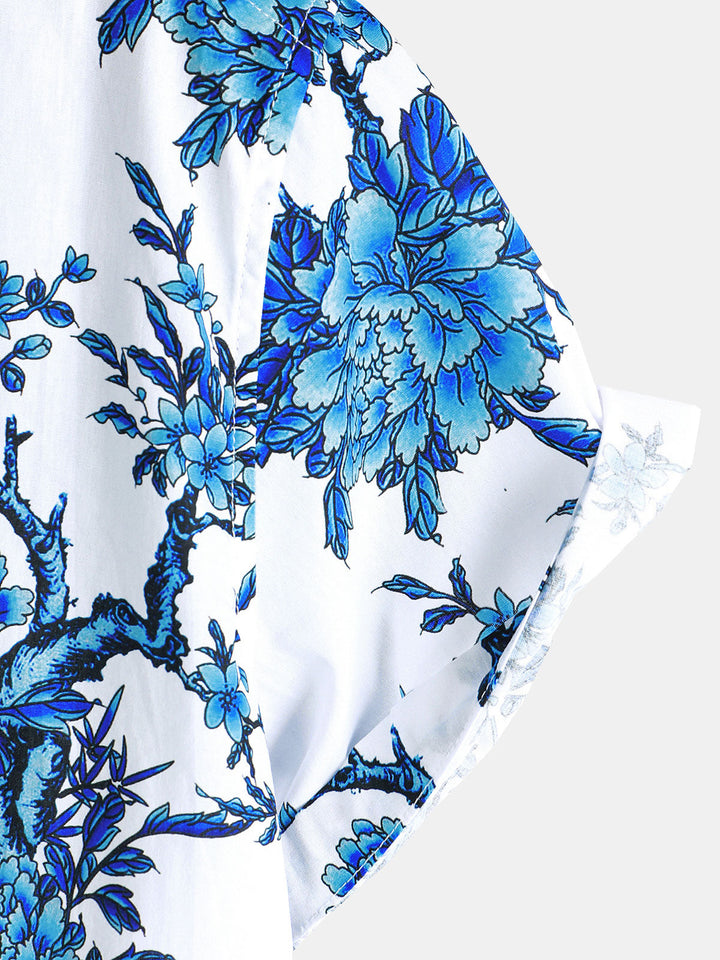 Chemise en coton à manches courtes avec motif floral bleu