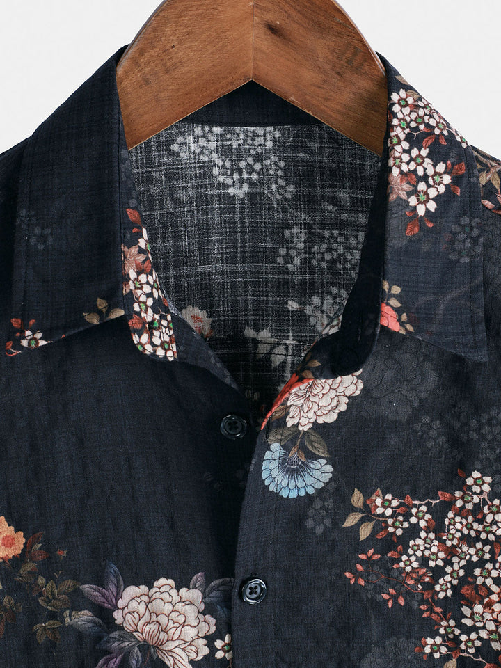Chemise boutonnée à manches courtes pour homme, motif floral rétro, idéale pour les vacances