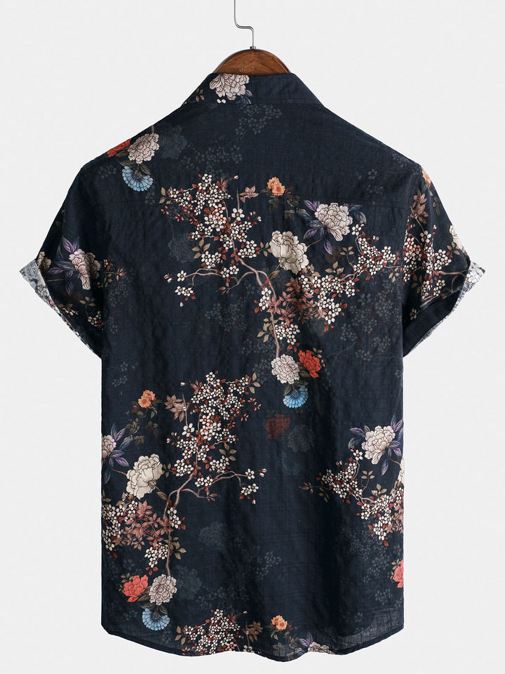 Chemise boutonnée à manches courtes pour homme, motif floral rétro, idéale pour les vacances