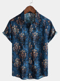 Chemise boutonnée à manches courtes pour homme, style rétro, bleu, été