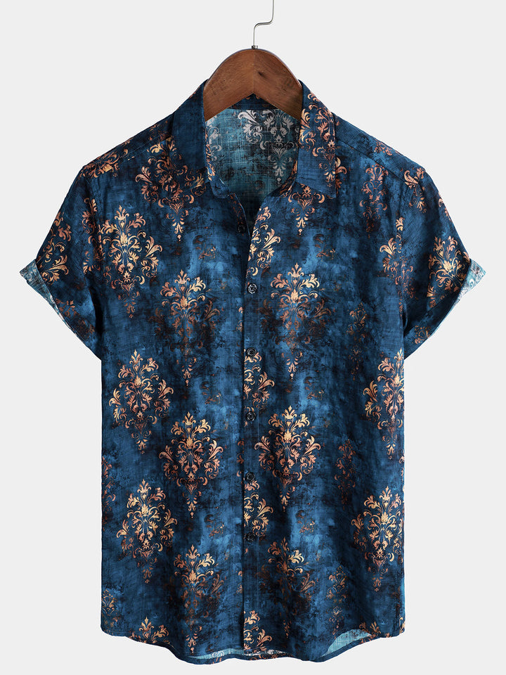 Chemise boutonnée à manches courtes pour homme, style rétro, bleu, été
