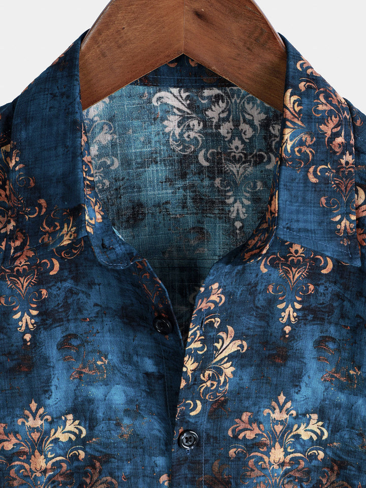 Chemise boutonnée à manches courtes pour homme, style rétro, bleu, été