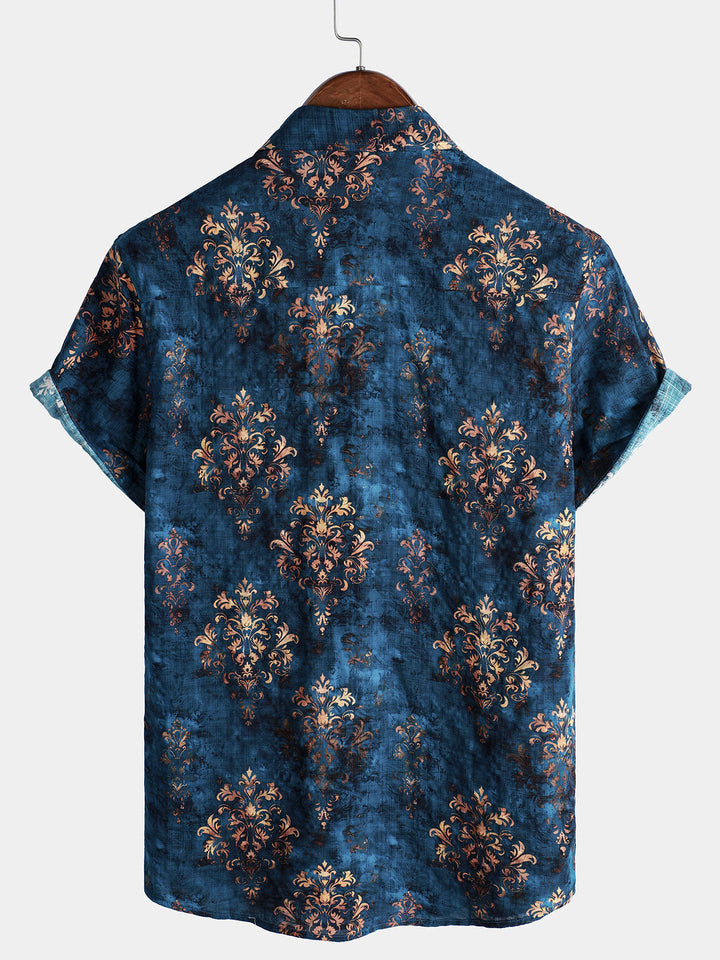 Chemise boutonnée à manches courtes pour homme, style rétro, bleu, été