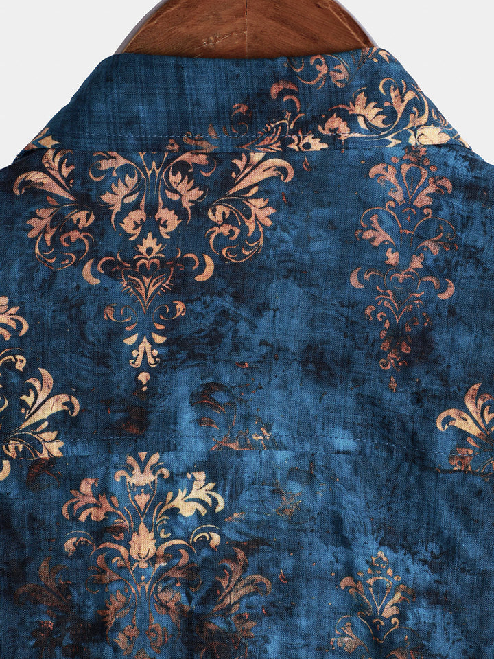 Chemise boutonnée à manches courtes pour homme, style rétro, bleu, été