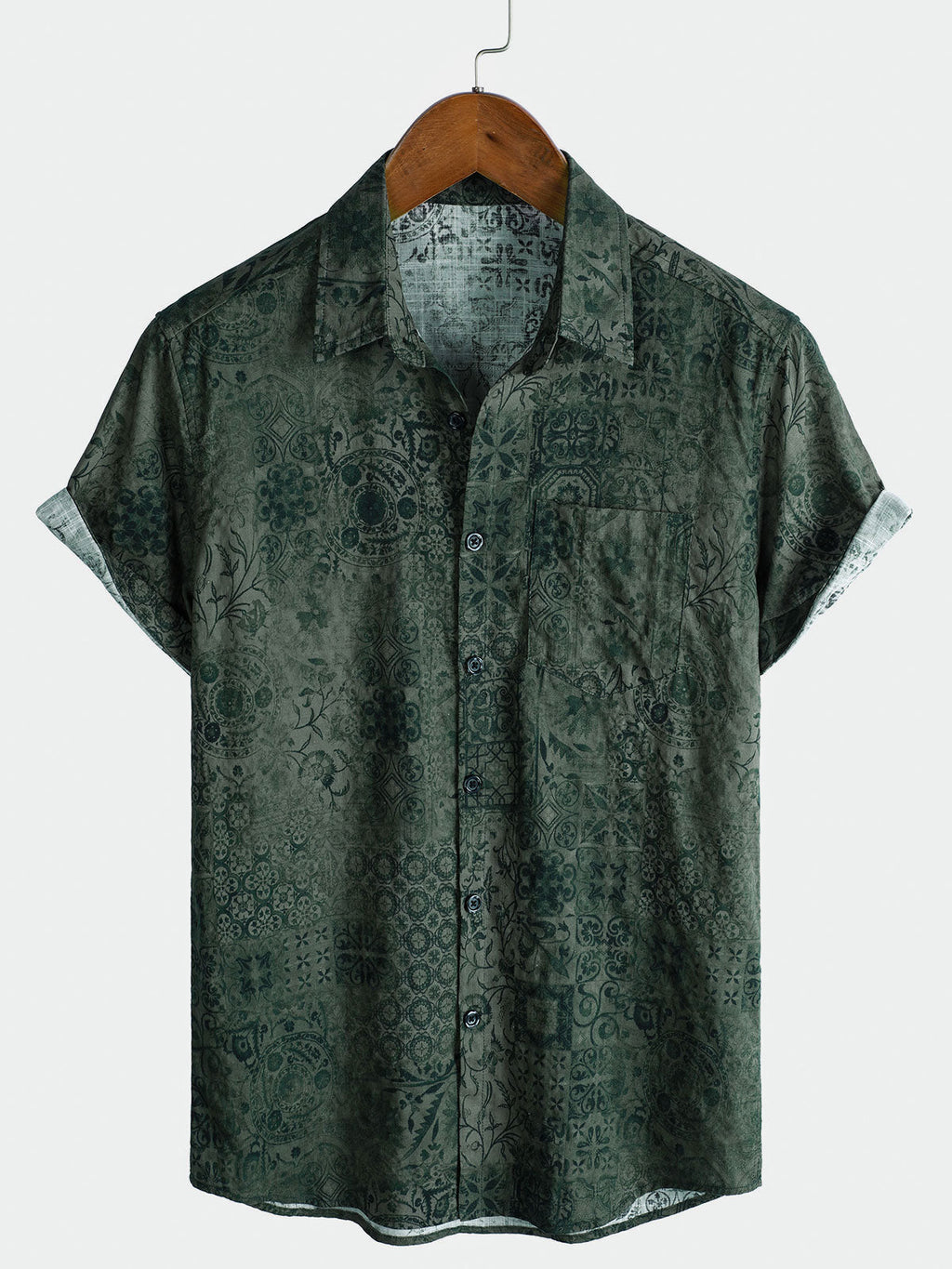 Chemise à manches courtes et poche à imprimé rétro vert pour homme