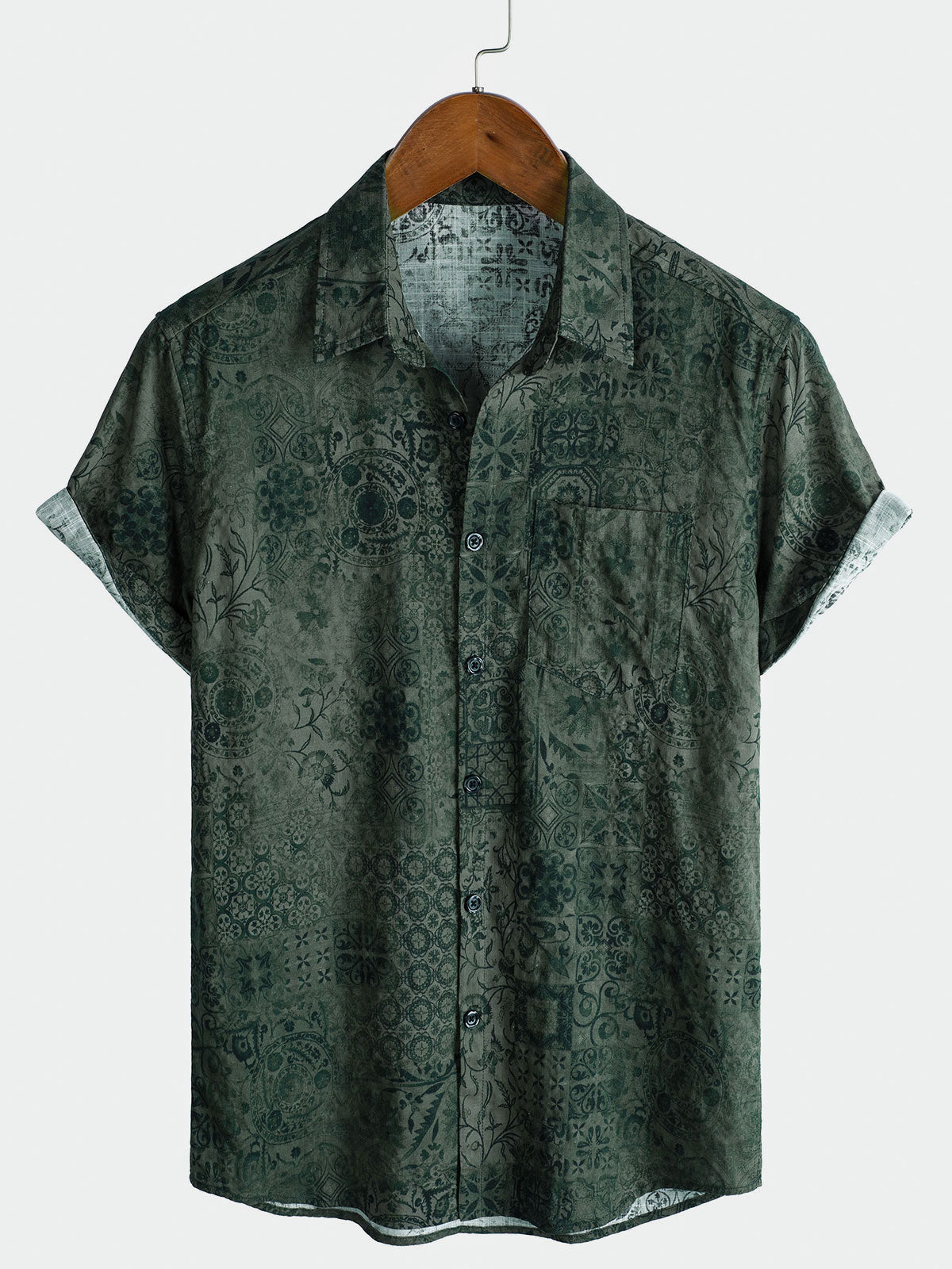 Chemise à manches courtes et poche à imprimé rétro vert pour homme