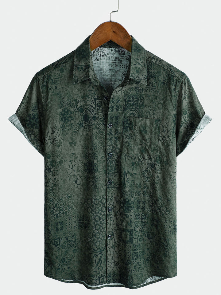 Chemise à manches courtes et poche à imprimé rétro vert pour homme