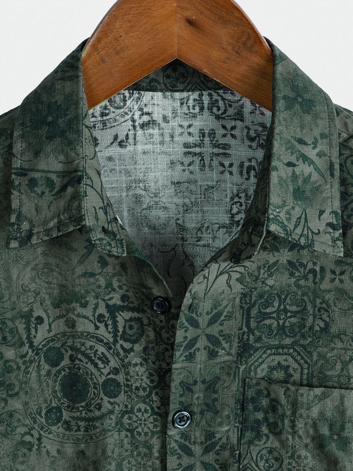 Chemise à manches courtes et poche à imprimé rétro vert pour homme