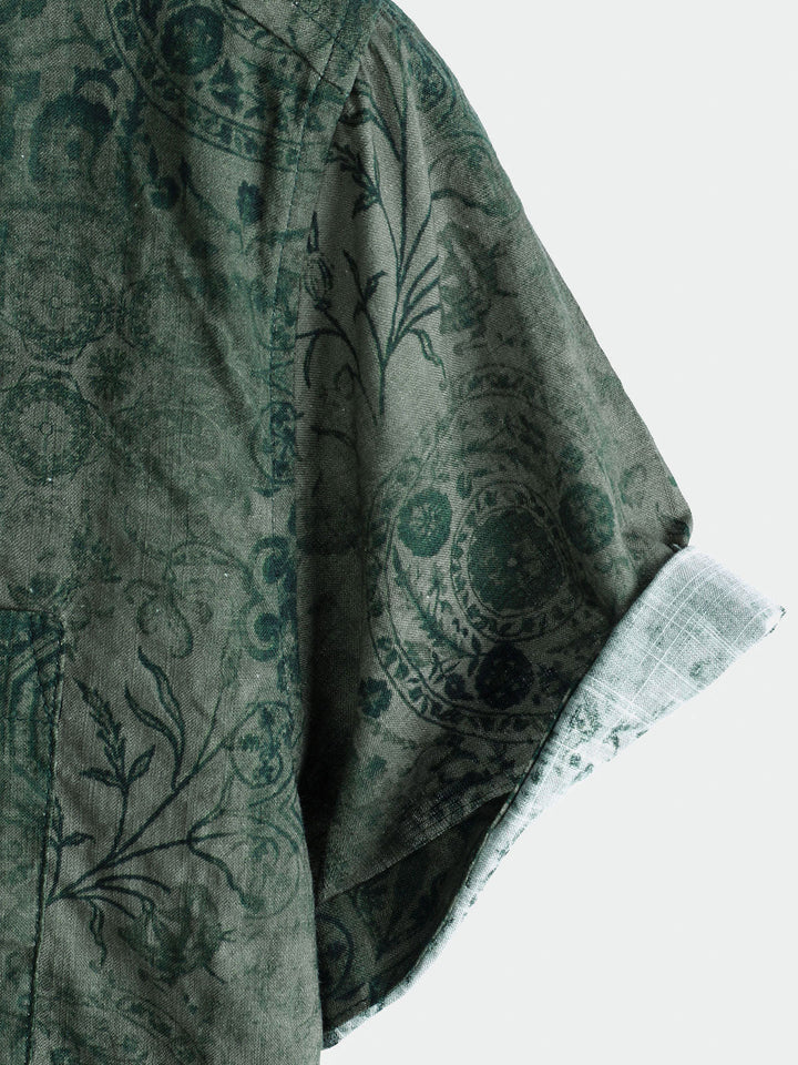 Chemise à manches courtes et poche à imprimé rétro vert pour homme