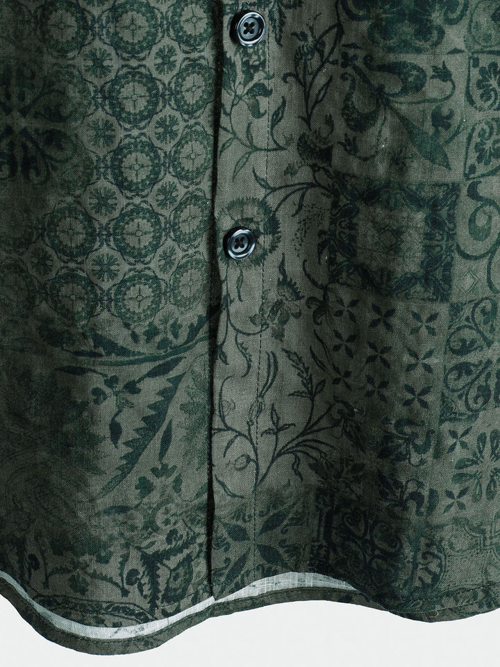 Chemise à manches courtes et poche à imprimé rétro vert pour homme