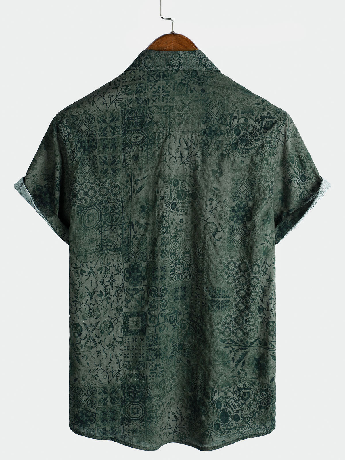 Chemise à manches courtes et poche à imprimé rétro vert pour homme