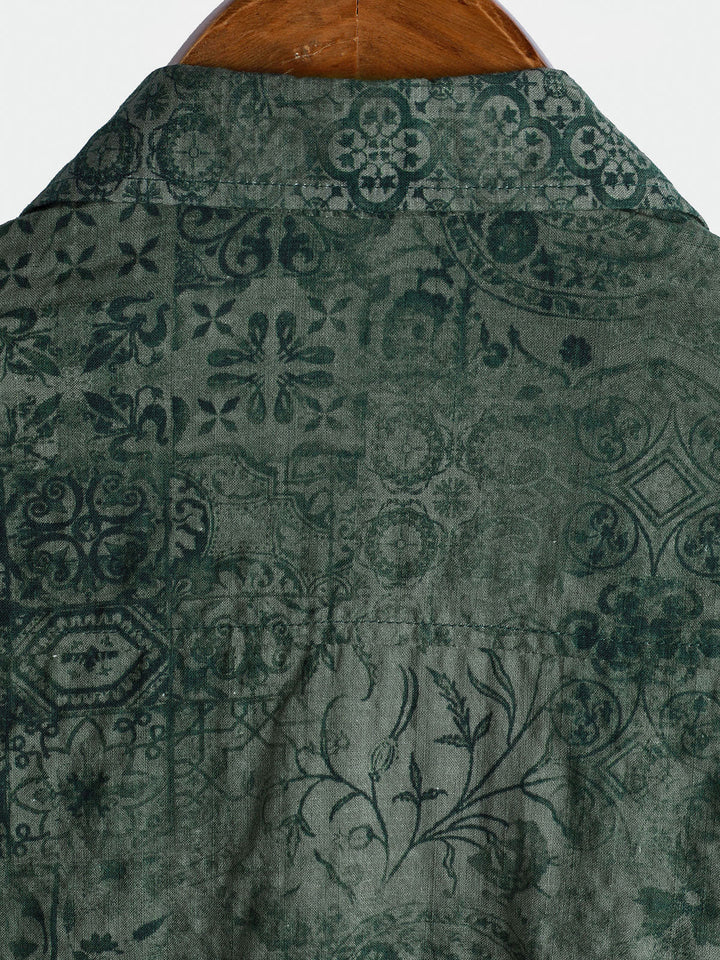 Chemise à manches courtes et poche à imprimé rétro vert pour homme