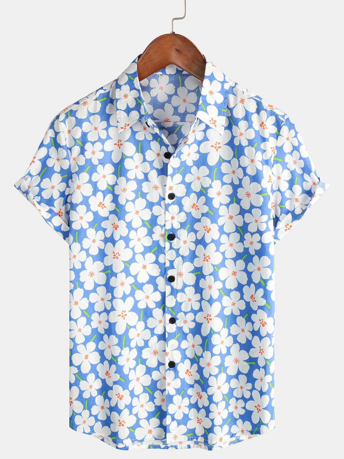 Chemise d'Homme d'Été avec Imprimé Floral, Décontractée, Coupe Crayon, Manches Courtes, Couleur Bleu Clair