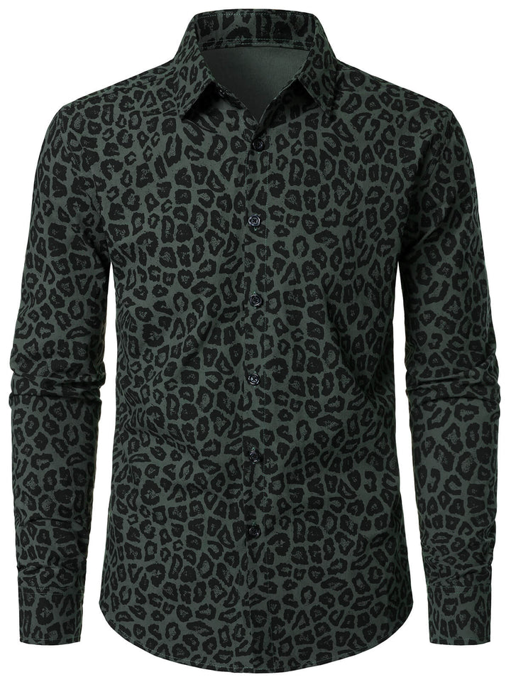 Chemise à manches longues en coton à imprimé léopard vert pour homme