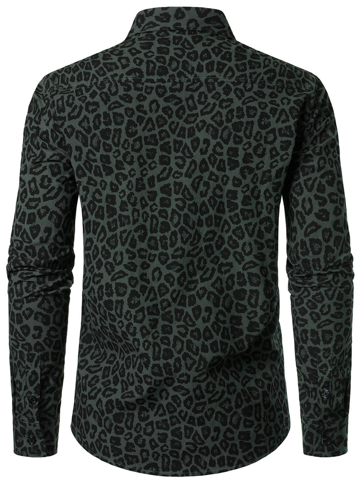 Chemise à manches longues en coton à imprimé léopard vert pour homme
