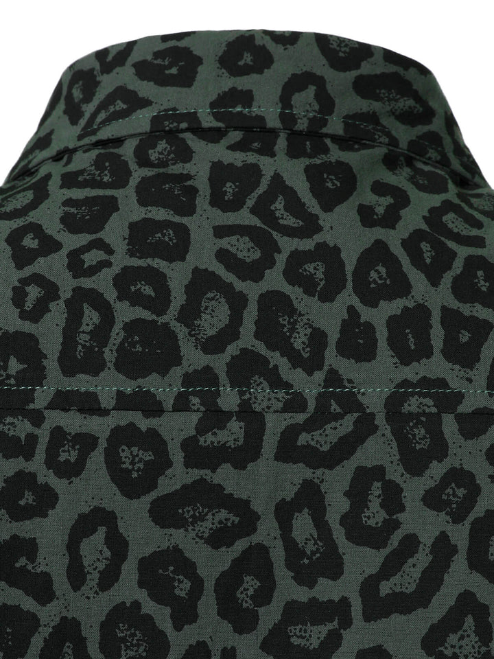 Chemise à manches longues en coton à imprimé léopard vert pour homme