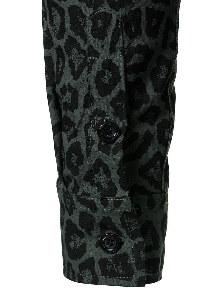Chemise à manches longues en coton à imprimé léopard vert pour homme