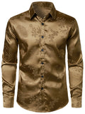 Chemise homme kaki à manches longues en satin brillant et jacquard floral