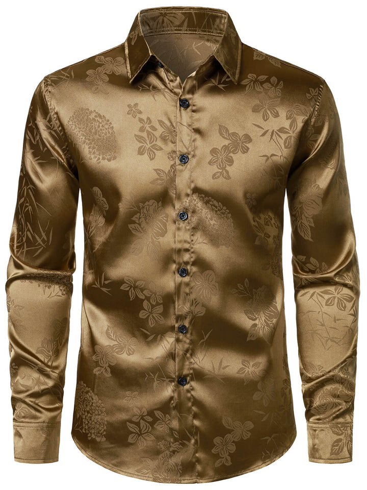 Chemise homme kaki à manches longues en satin brillant et jacquard floral