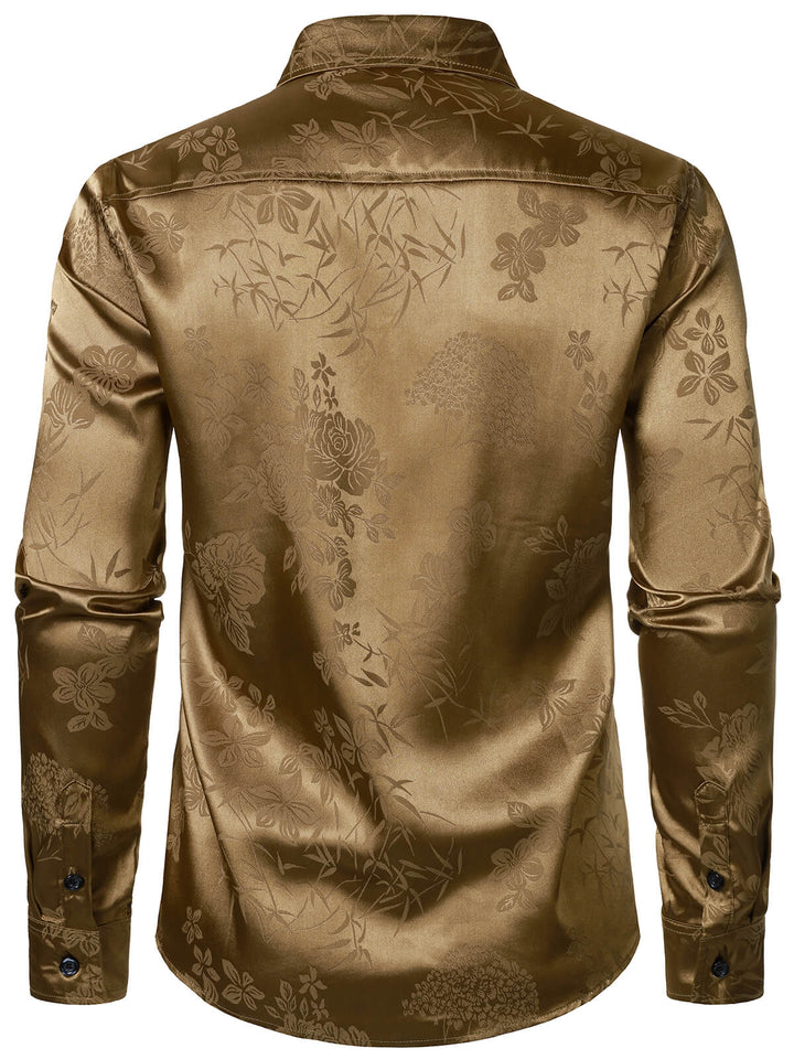 Chemise homme kaki à manches longues en satin brillant et jacquard floral