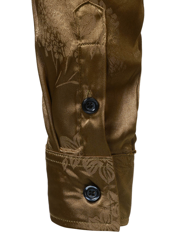 Chemise homme kaki à manches longues en satin brillant et jacquard floral