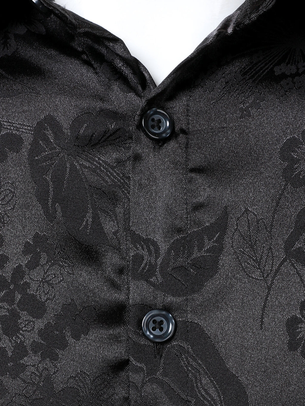 Chemise à manches longues en satin brillant noir à motif jacquard floral pour homme
