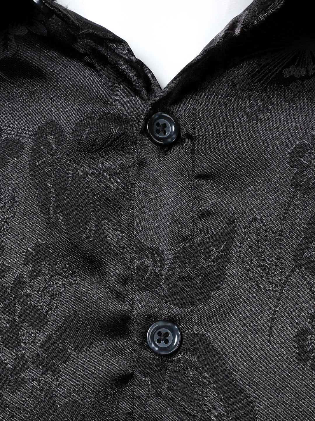 Chemise à manches longues en satin brillant noir à motif jacquard floral pour homme