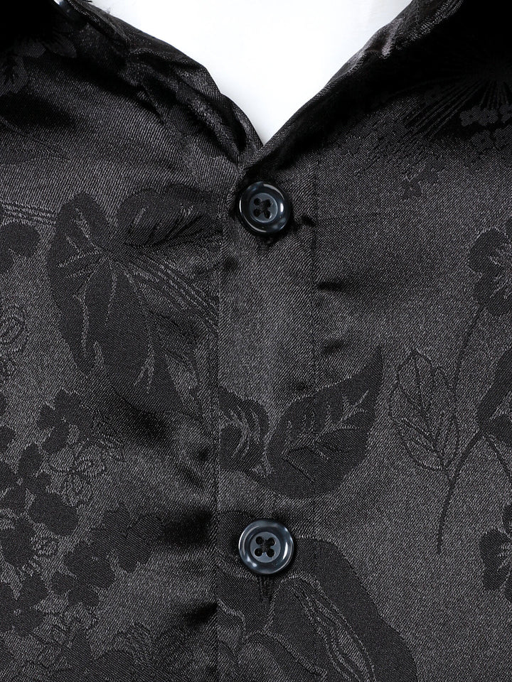 Chemise à manches longues en satin brillant noir à motif jacquard floral pour homme