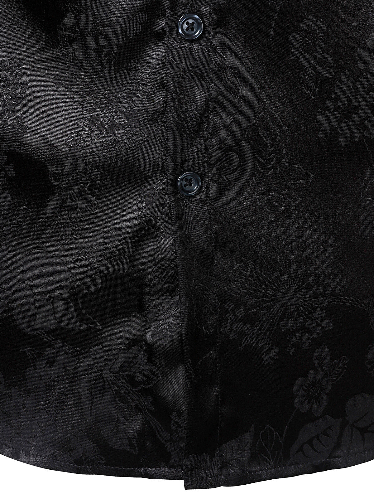 Chemise à manches longues en satin brillant noir à motif jacquard floral pour homme