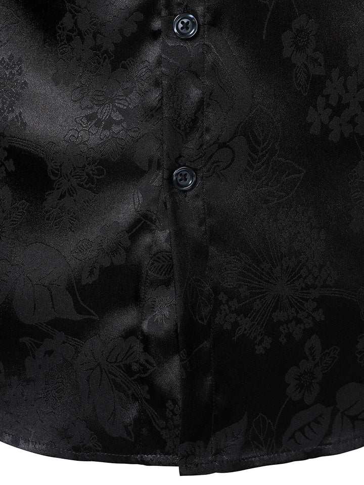 Chemise à manches longues en satin brillant noir à motif jacquard floral pour homme