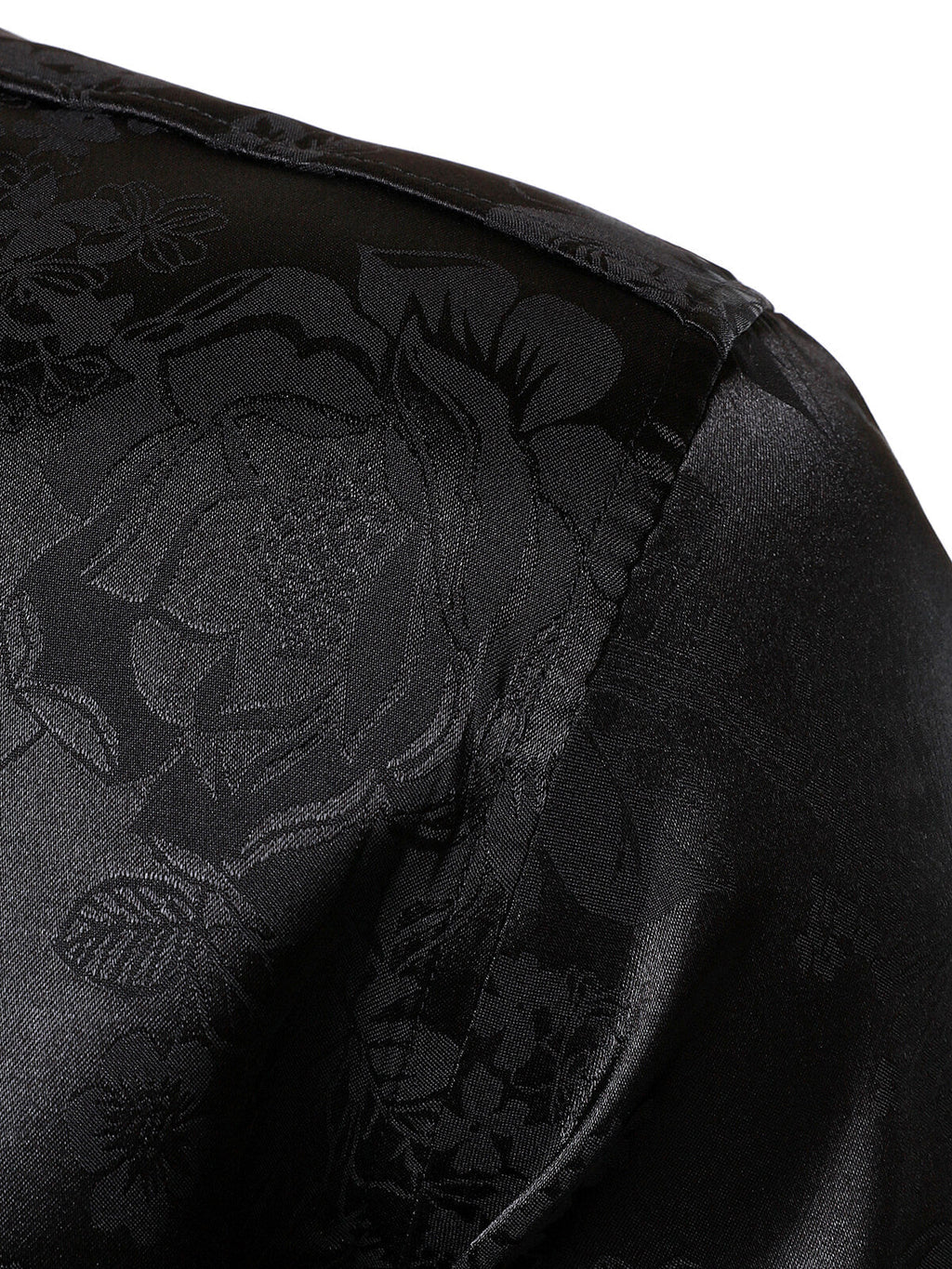 Chemise à manches longues en satin brillant noir à motif jacquard floral pour homme