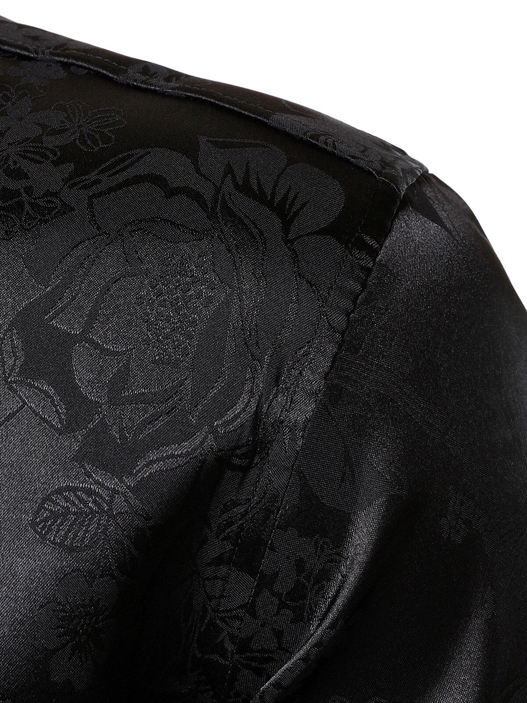 Chemise à manches longues en satin brillant noir à motif jacquard floral pour homme