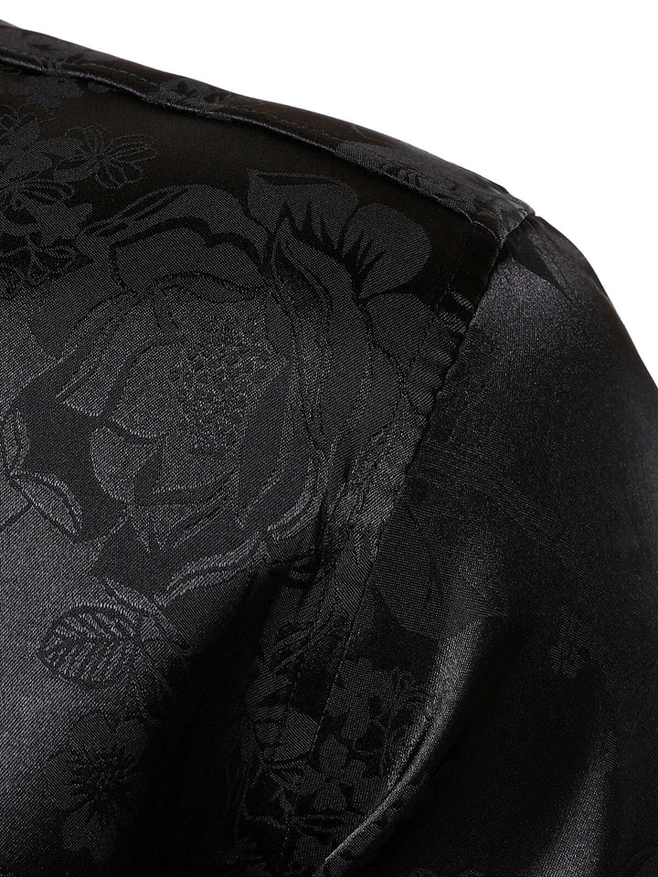Chemise à manches longues en satin brillant noir à motif jacquard floral pour homme